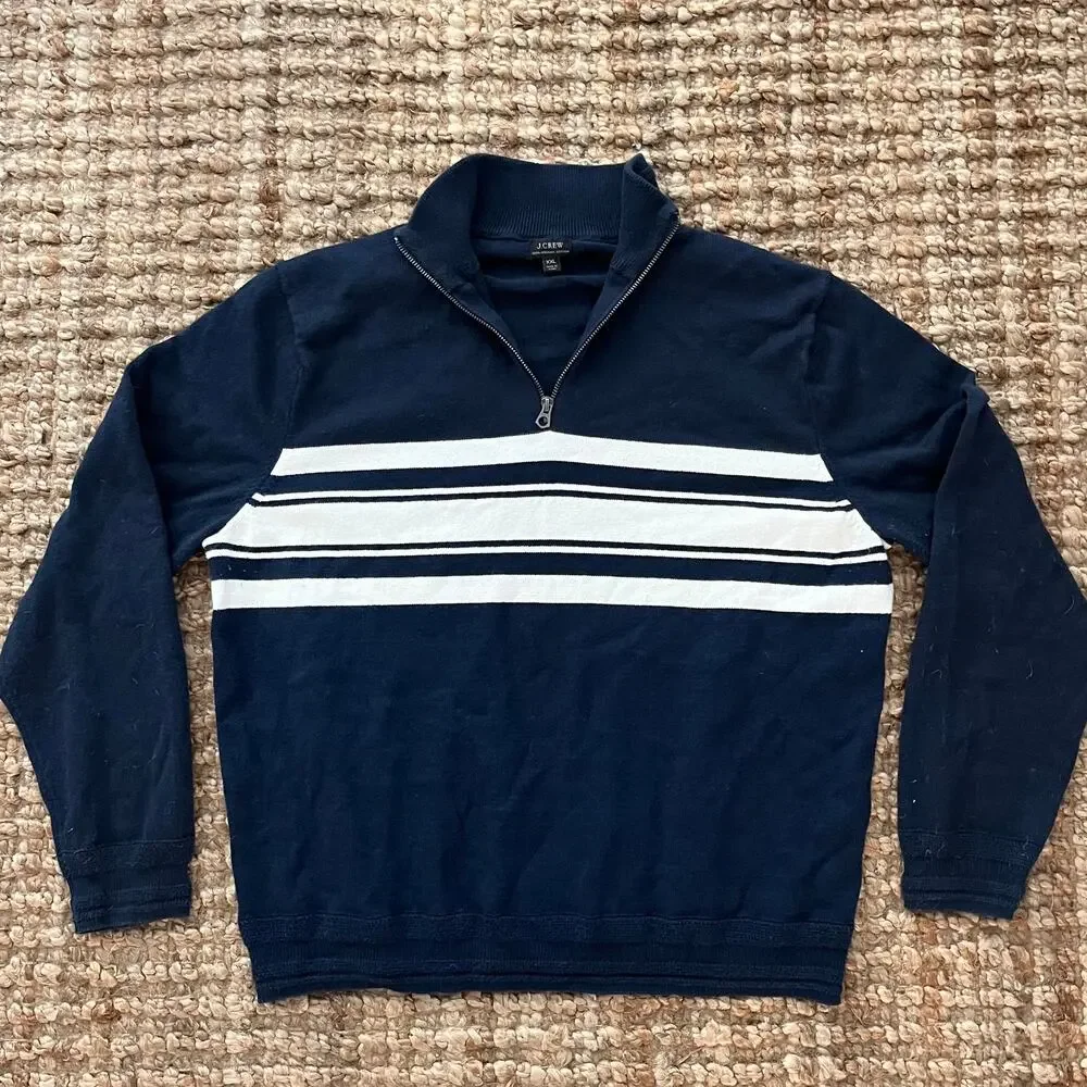 J.Crew Organic Cotton Half Zip Sweater Navy White Stripe XXL Men's EUC Preppy